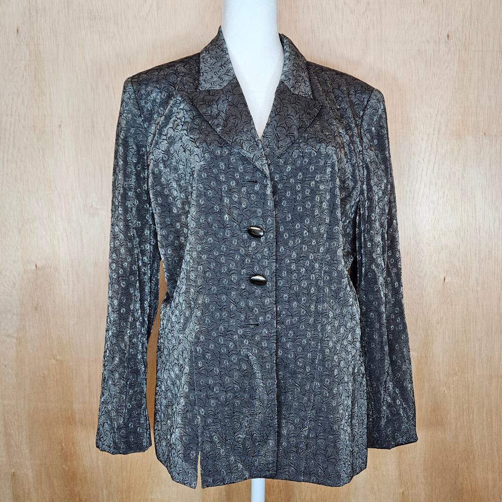 Gray/Black Metallic Floral Le Suit‎ Four Button Jacket Size 10